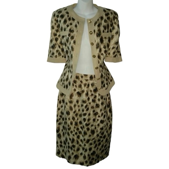 Louis Feraud Suit Vintage Leopard Print Metallic Linen Logos Old Money Mob Wife - Picture 6 of 16